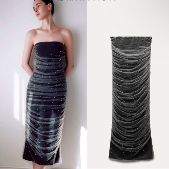 ZARA STRAPPLES TULLE/PEARLS GREY MIDI DRESS WOMENS SIZE LARGE - Picture 2 of 16